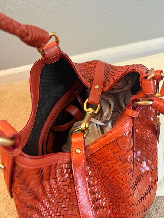 Cole Haan Genevieve Triangle Tote Red Woven Leather Shoulder Bag with Dustbag - Picture 10 of 12